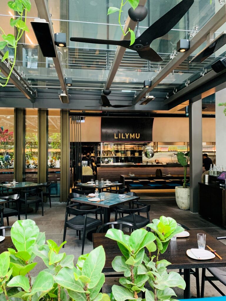 Cafe setting with pot plants in foreground and electric heaters