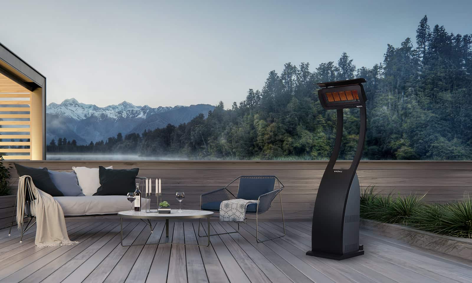 Bromic Tungsten Freestanding Heater next to an outdoor patio set up